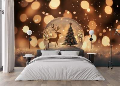 A whimsical snow globe with a tiny reindeer and Christmas tree inside, surrounded by falling snow and warm, soft bokeh lights Wall mural