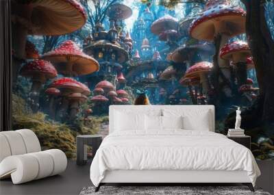 Alice navigating through a forest of towering mushrooms, encountering strange creatures and whimsical landscapes along the way.  Wall mural