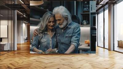 close up of a beautiful older couple with grey hair , dressed in casual chic clothing, cooking together in a modern kitchen Wall mural