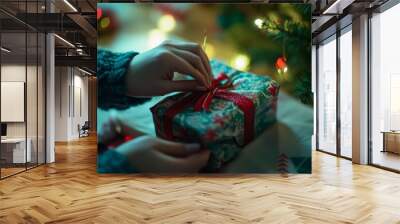 Close-up of hands wrapping Christmas gifts with colorful paper, ribbons, and bows Wall mural