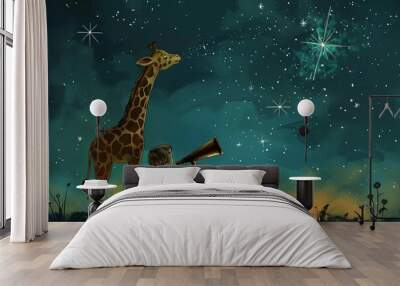 funny illustration of A child and a giraffe looking up at the stars through a telescope Wall mural