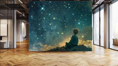 Little Prince gazing at the stars and contemplating the mysteries of the universe.  Wall mural