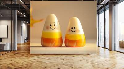 Two cartoon-style candy corns with smiling faces on a light, muted background  Wall mural