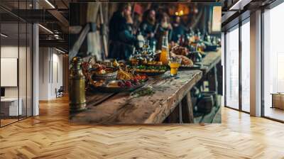 Viking feast with long wooden tables, laden with food and drink Wall mural