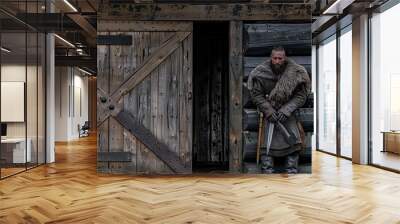 Viking warrior standing guard at the entrance of a wooden fortress Wall mural