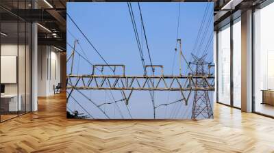 View from below of electric cables extending over train support beams on a clear sky background. Wall mural