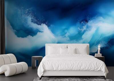 abstract blue watercolor background painting dark blue abstract ocean waves and spray in painted texture with soft blurred white fog or haze Wall mural