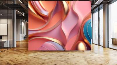 abstract orange vintage pink background with organic blue shapes and gold lines Wall mural