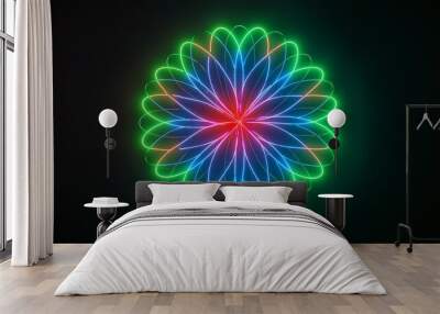 flower glow a neon flower design in green blue and red on a dark background Wall mural