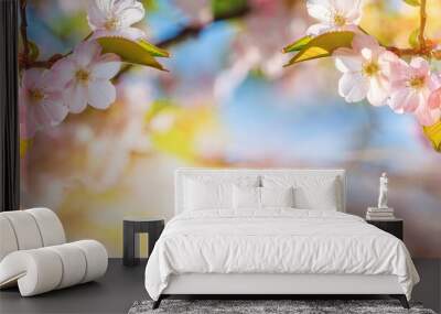 fresh bright spring background design with cherry blossom flowers and leaves Wall mural