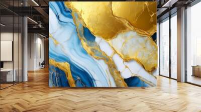 gold and blue marble stone textured background wallpaper generative ai illustration Wall mural