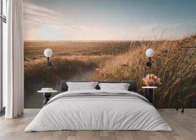 grass dunes of ameland with rose hips Wall mural