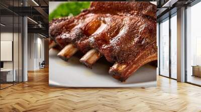 macro closeup of cooked brown meat with a fatty texture on a white platter with a roasted bone in beef short ribs no one is in there Wall mural