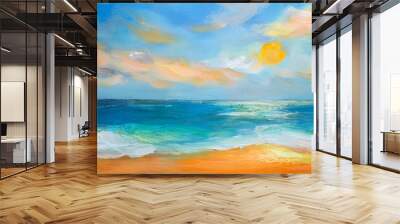 oil painting nature horizon outdoor landscape illustration of seascape with sea ocean wave cloud light blue sky beach sunset modern art abstract impressionism for travel painting background Wall mural