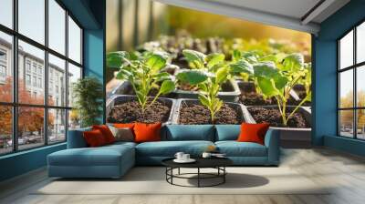 organic vegetable seedlings in containers selective focus Wall mural