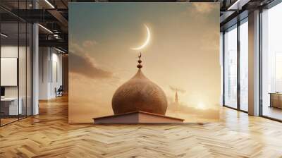 ramadan kareem background crescent moon at a top of a mosque islamic greeting eid mubarak cards for muslim holidays eid ul adha festival celebration Wall mural