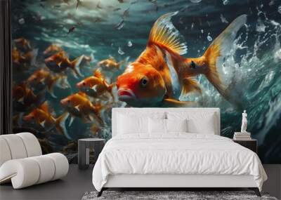 small brave goldfish with shark fin costume leading others through stormy seas leadership concept Wall mural