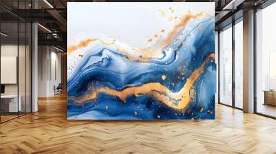 Abstract Blue and Gold Marble Background. Gold abstract blue marble background art paint pattern ink texture watercolor white fluid wall. Abstract liquid gold design luxury wallpaper Wall mural