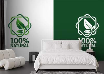 100% Natural vector logo or badge template for product with pure green leaf Wall mural