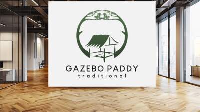 Paddy gazebo or traditional cottage logo design in a hand-drawn concept combined with a tree in a circle Wall mural