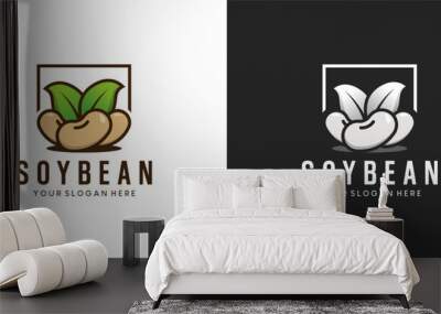 Soybean seed logo and natural green leaves, health food bean icon vector illustration Wall mural