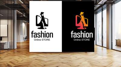 Vector illustration of woman and monitor logo design, online women's fashion logo Wall mural