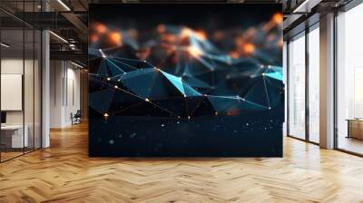 Abstract black 3d background, glowing connected dots on dark Wall mural