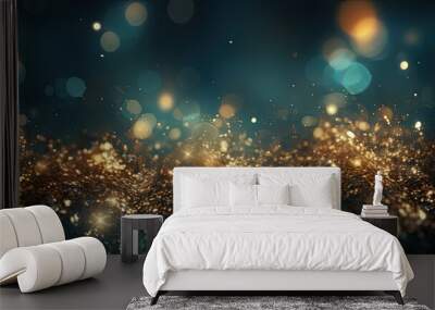 Festive abstract bokeh background, shiny sparkles with bright glowing lights in dark Wall mural