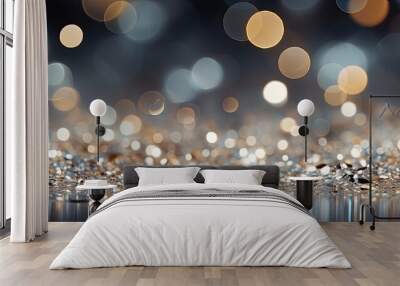 Festive abstract bokeh background, shiny sparkles with bright glowing lights in dark Wall mural