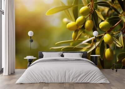 Olive fruit tree garden, branch close-up, sunlight background , Mediterranean olive trees growing Wall mural