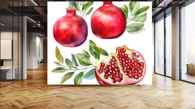 Pomegranate fruit, watercolor illustration, on white background. Generative AI Wall mural