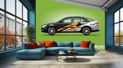 Car decal wrap design with abstract orange stripe theme on black sedan car. Wall mural