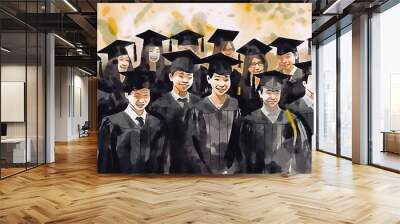 Illustration of a group of graduates standing in front of a watercolor background. Generative AI Wall mural