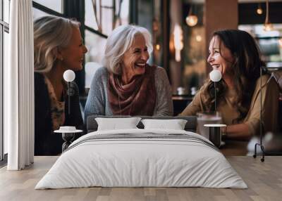 Mature women sitting in a cafe and talking. They are laughing and drinking coffee. Generative AI Wall mural