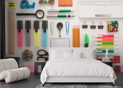 School supplies on white background Wall mural