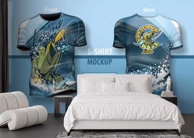 T-shirt for man front and back with fishing blue theme. Mock-up for double-sided printing, layered and editable. Wall mural