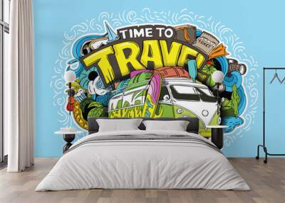 Time to travel, cartoon image with old van and inscription in doodles art style. Wall mural