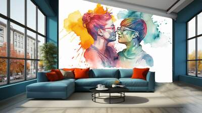 Two young women with glasses on colorful watercolor splashes background. Generative AI Wall mural