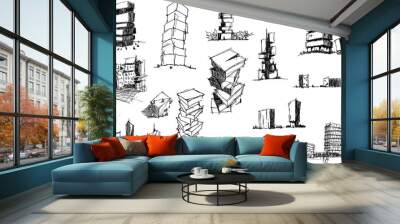 many hand drawn architectectural sketches of a modern abstract architecture and detached houses and urban ideas  Wall mural