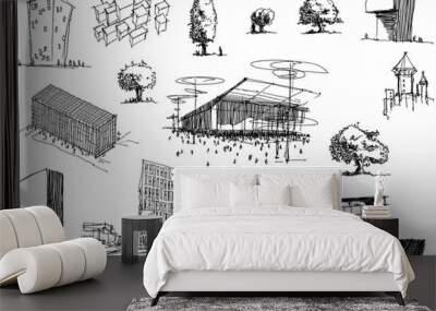 many hand drawn architectectural sketches of a modern abstract architecture and detached houses and urban ideas and trees Wall mural