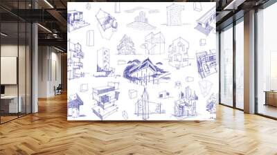 many hand drawn architectectural sketches of a modern abstract architecture nad geometric objects and urban ideas and drafts Wall mural