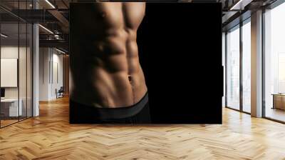 pumped handsome male press. Male athletic body closeup on black background Wall mural