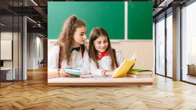 two brunette schoolgirls sit in the classroom at her desk with books on the background of the blackboard Wall mural