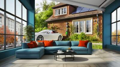 Beautiful house with solar panels and electric car Wall mural