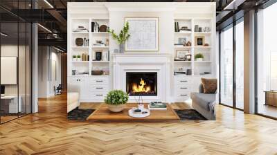 Beautiful living room interior design with fireplace Wall mural