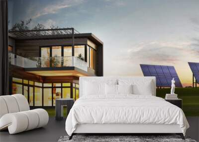 Evening view of a luxurious modern house with solar panels Wall mural