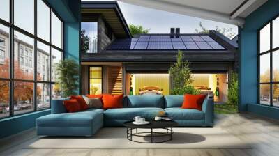 Evening view of a modern house with solar panels and electric cars Wall mural