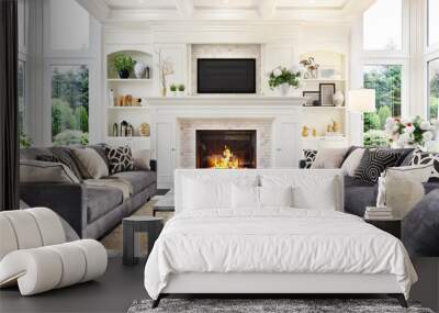 Luxurious interior design living room and fireplace in a beautiful house Wall mural