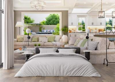 Luxurious interior design of a large living room and white kitchen with patio doors to the garden Wall mural