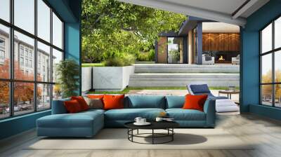 Modern house exterior design. Open plan living room with fireplace. Cozy patio area with swimming pool Wall mural